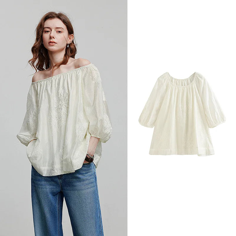 Women's 3/4 sleeve T-shirt – embroidery, office lady style