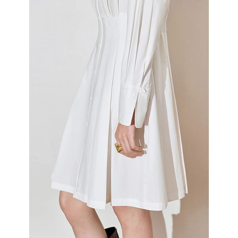 Women's pleated spring dress with shirt collar, long sleeves, mid-knee length