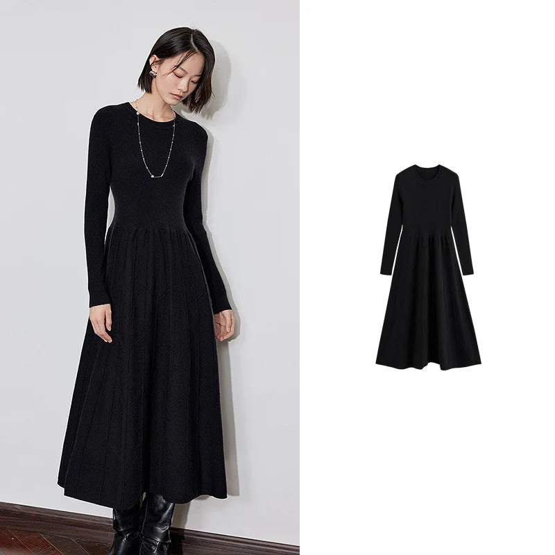 Robe femme mi-mollet hiver A-Line manches longues col rond