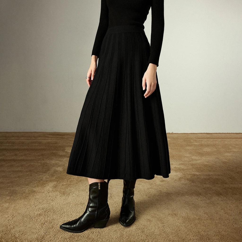 Jupe Midi Noire Femme – Taille Élastique au Dos, Maille Côtelée 3D, Coupe