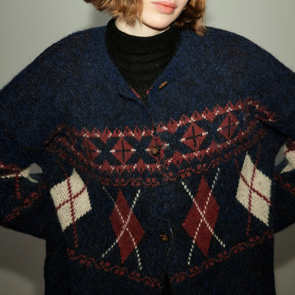 Damenpullover – Vintage-Nordischer Stil, Argyle-Jacquard-Muster, Seepferdchen-Kunstpelz, Rundhalsausschnitt