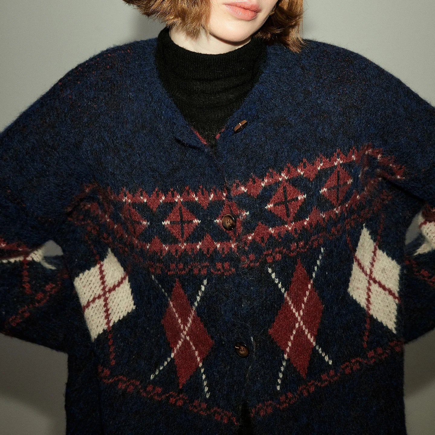 Pull Femme – Style Nordique Vintage, Motif Argyle Jacquard, Fausse Fourrure Hippocampe, Col Rond