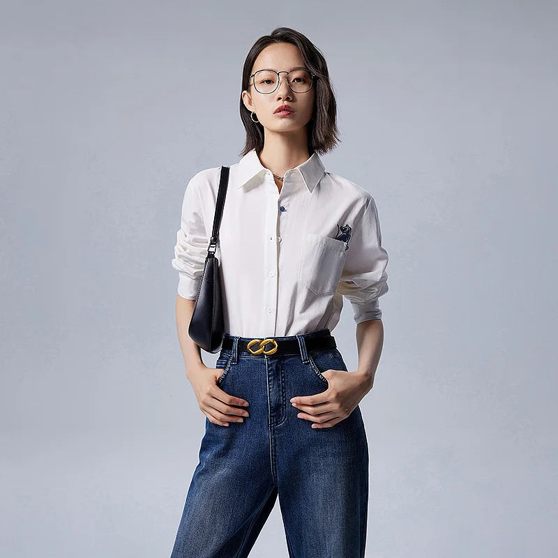 Damen Langarmhemd Streetwear mit Print und Kragen