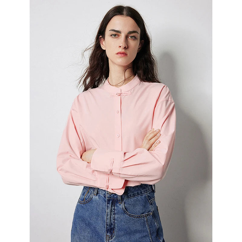 Women's long-sleeved shirt with a stand-up collar, casual Chinese style