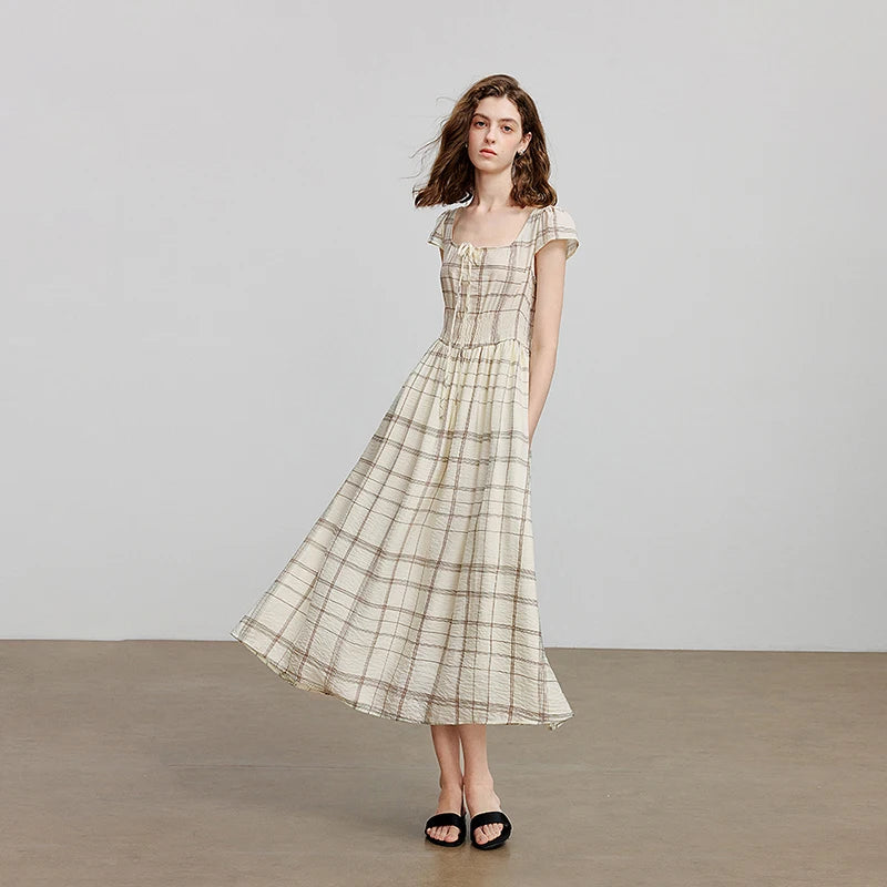 Robe femme mi‑mollet été style plage A-Line manches courtes à col carré