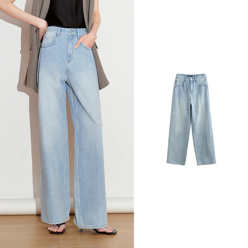 Jean femme taille mi‑haute délavé coupe droite large style rétro