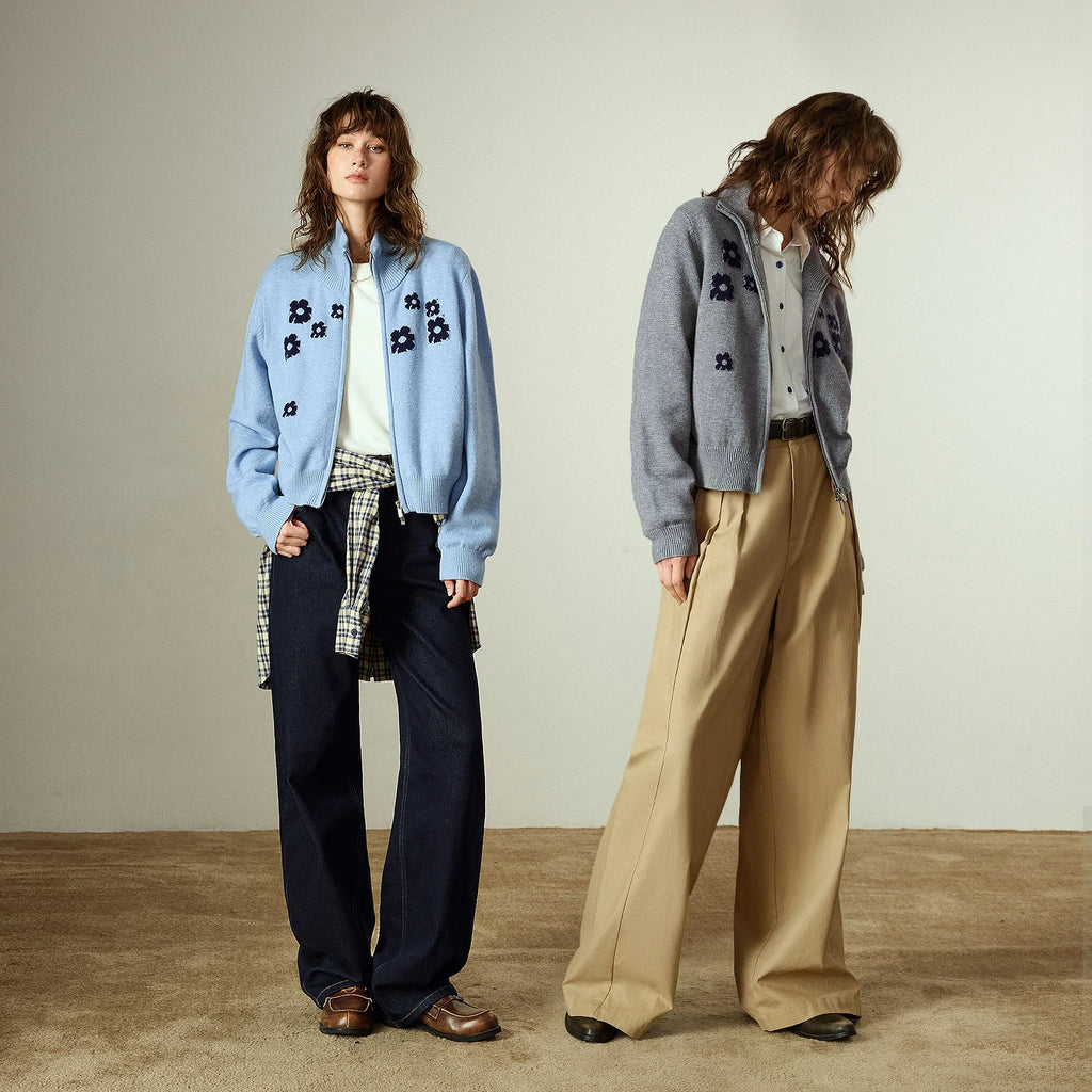 Women's Sweater – High Neck with Zip, Green Aster Pattern