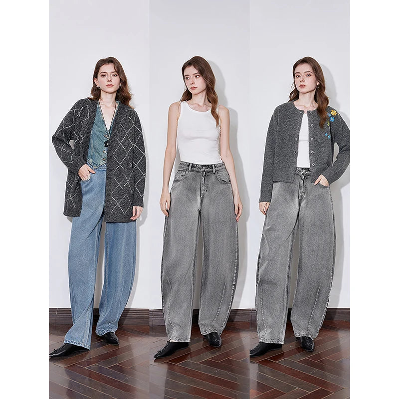 Jean femme style wasteland taille mi‑haute coupe droite large longue