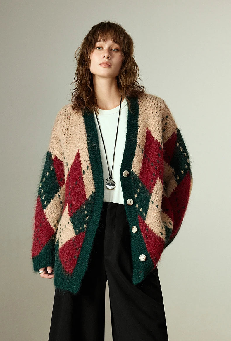 Pull-Manteau Femme – Style Nordique, Motif Argyle, Col V