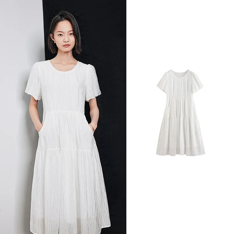 Robe femme mi-mollet été A-Line manches bouffantes col rond à lacets