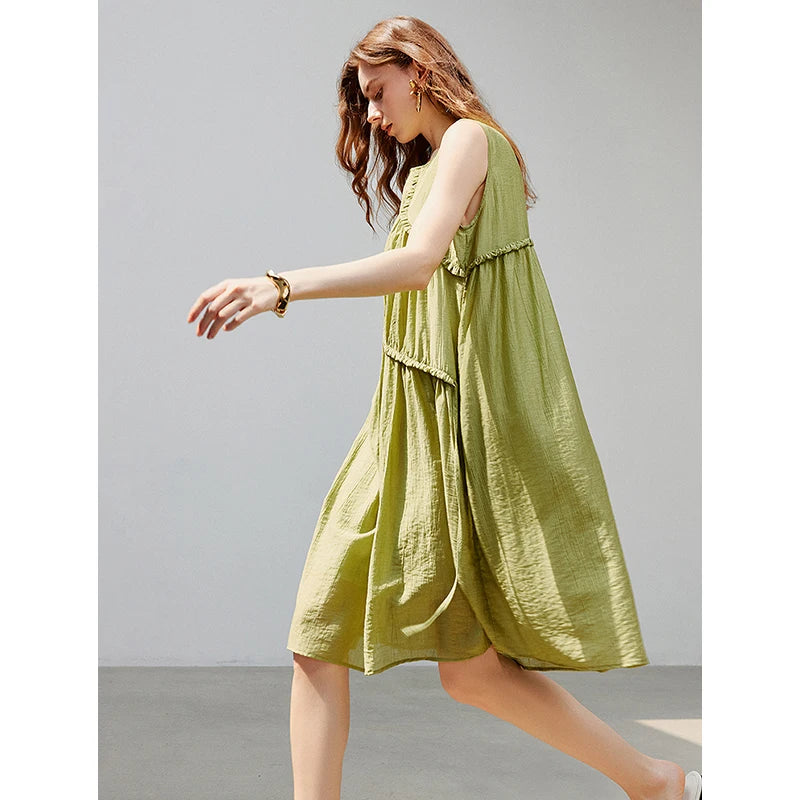 Robe femme mi-mollet été A-Line sans manches col rond à laçage