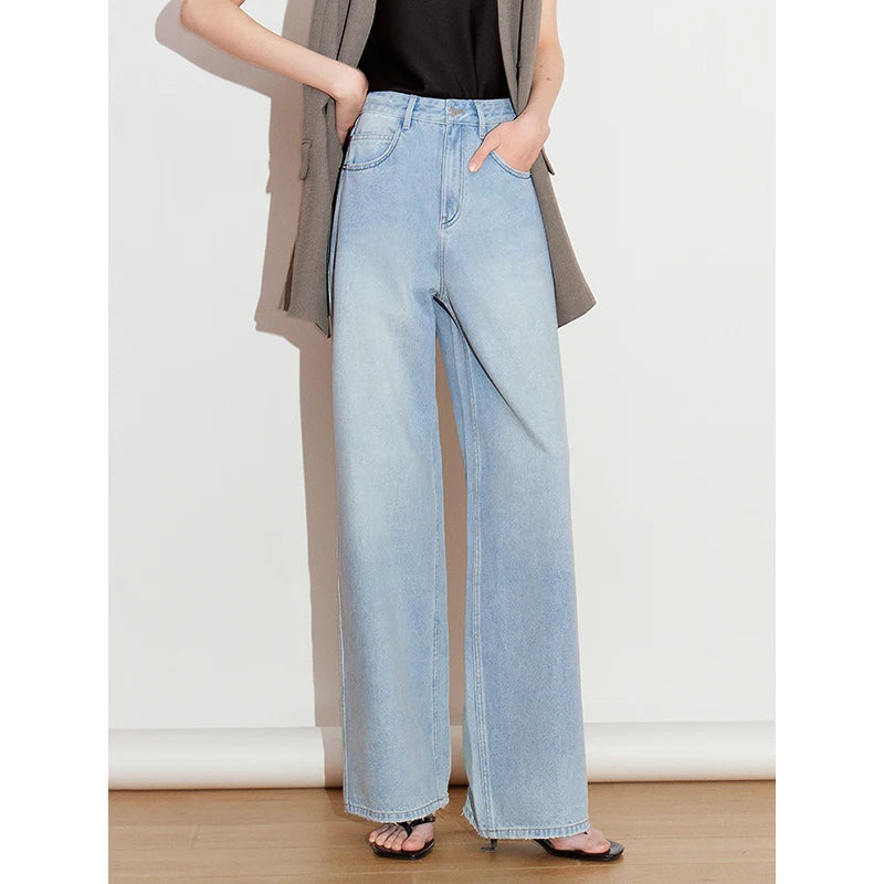 Jean femme taille mi‑haute délavé coupe droite large style rétro