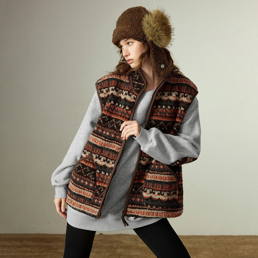 Gilet Femme – Style Nordique, Col Montant, Doublure Fleece Shearling, Coupe Loose