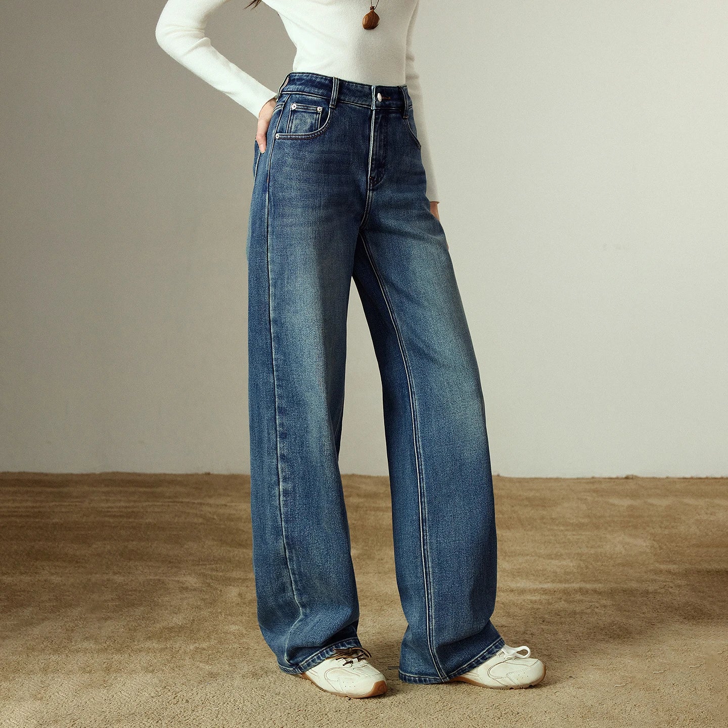 Women's Trousers – Straight Denim, Mid-Low Rise, Brushed Lycra Fabric, Warm and Comfortable
