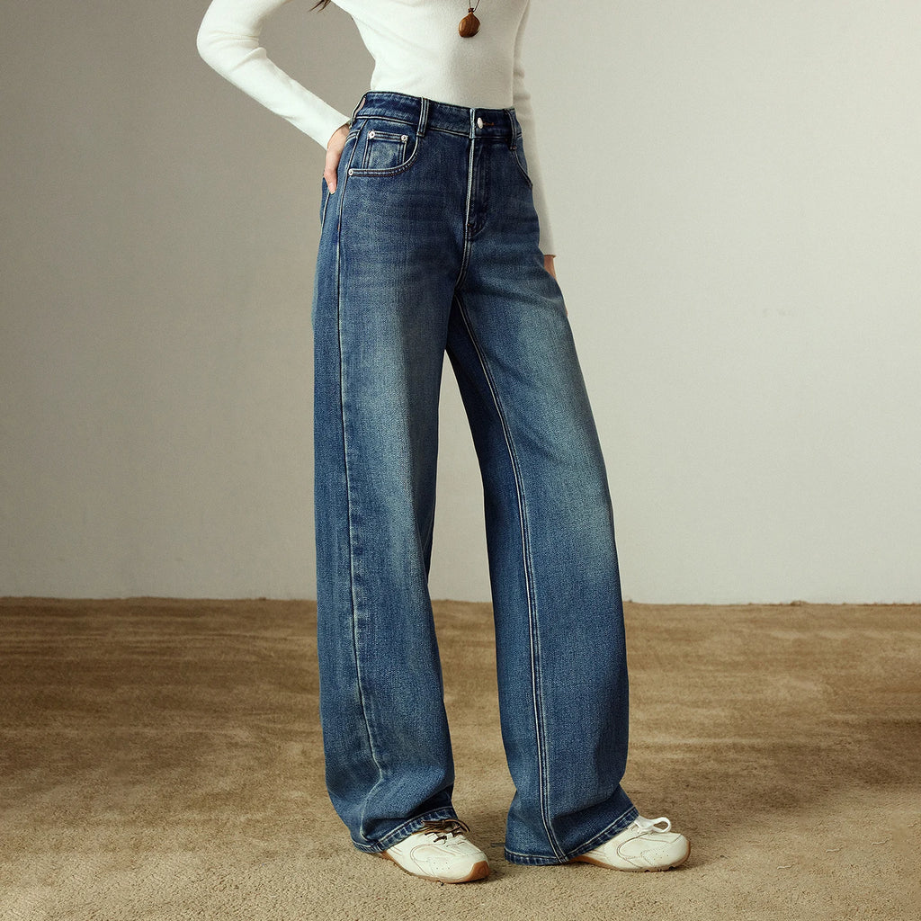 Pantalon Femme – Denim Droite, Taille Moyenne-Basse, Matière Lycra Brossée, Chaud et Confortable