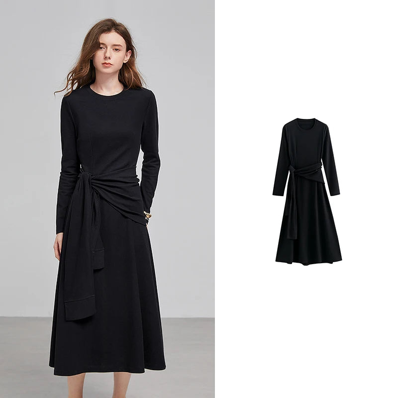 Robe femme mi‑mollet printemps/été coupe A à manches longues et ajourée