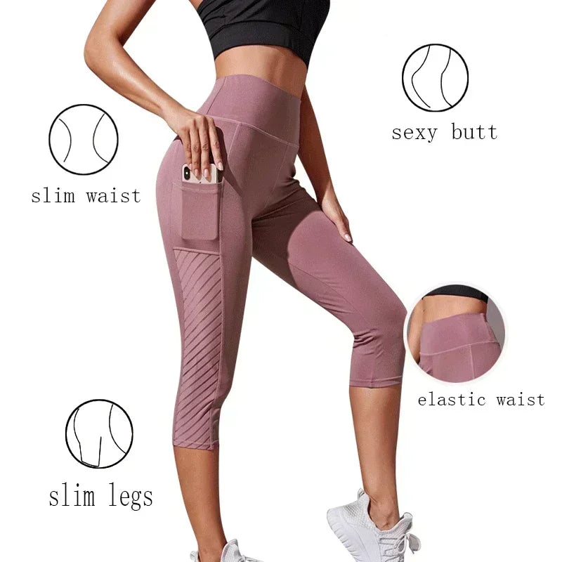 High-waisted sports shorts, shaping effect, for running, yoga, with side pockets.