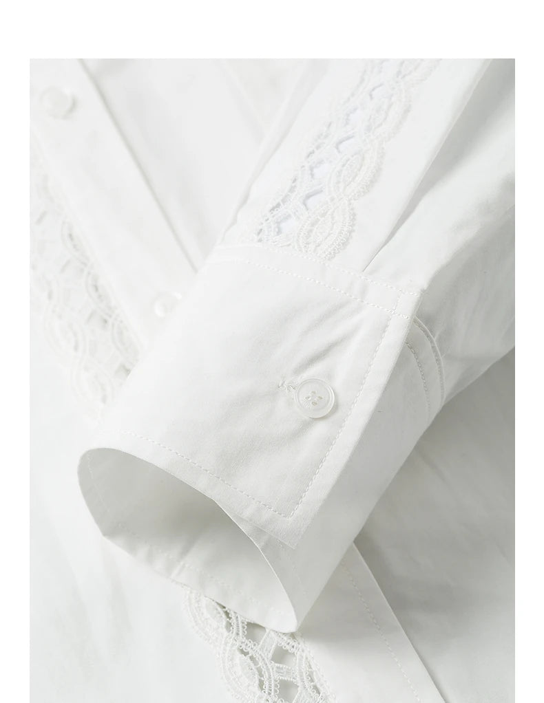 Women's blouse in openwork lace – shirt collar, long sleeves