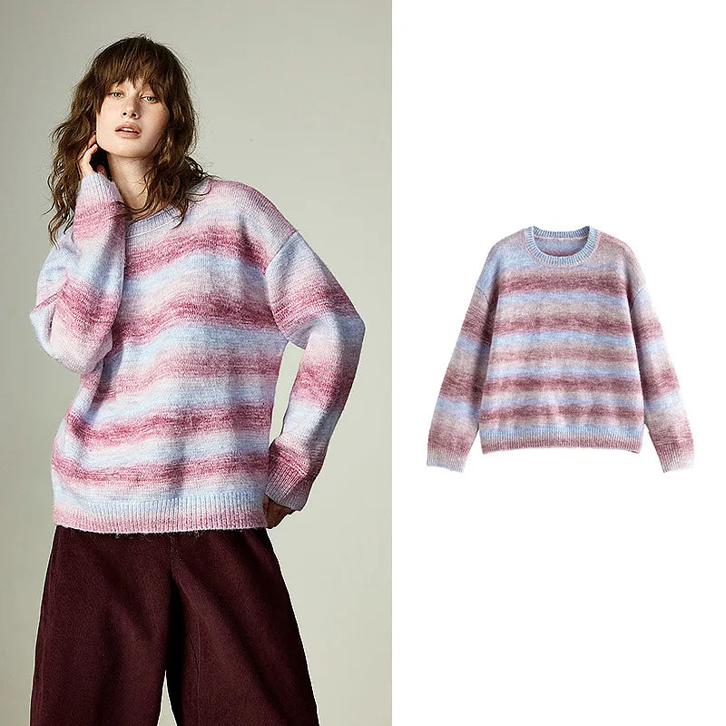 Pull Femme – Col Rond, Rayures Dégradées Arc-en-Ciel, Maille Longue Douce et Chaude