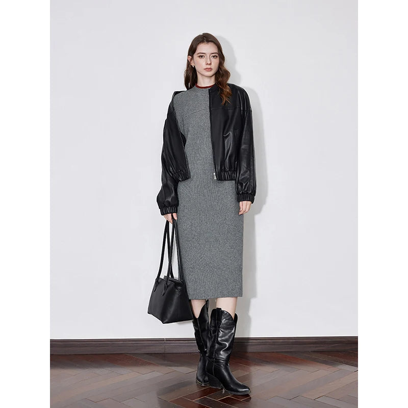 Robe femme mi-mollet hiver A-Line manches longues col rond