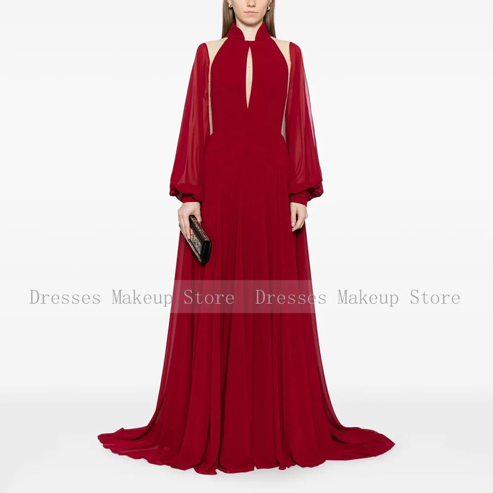 Robe de Soirée Élégante Montant, Manches Longues, A-Line, Découpes Illusion