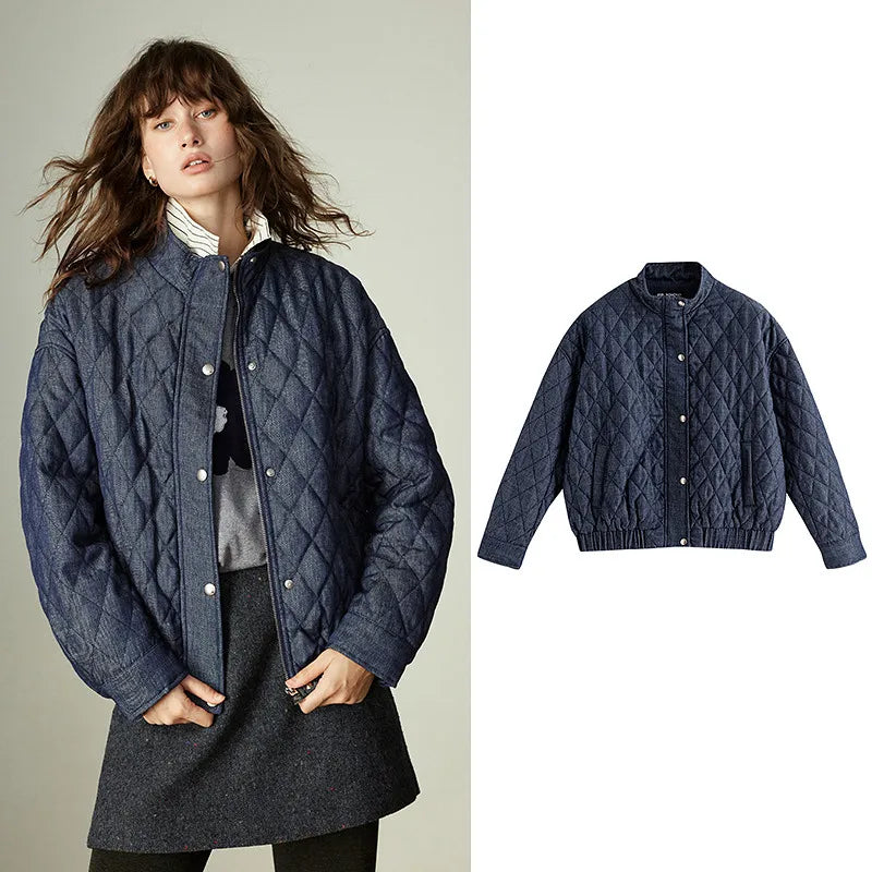 Women's Coat – Denim Effect, Diamond Pattern, Stand Collar