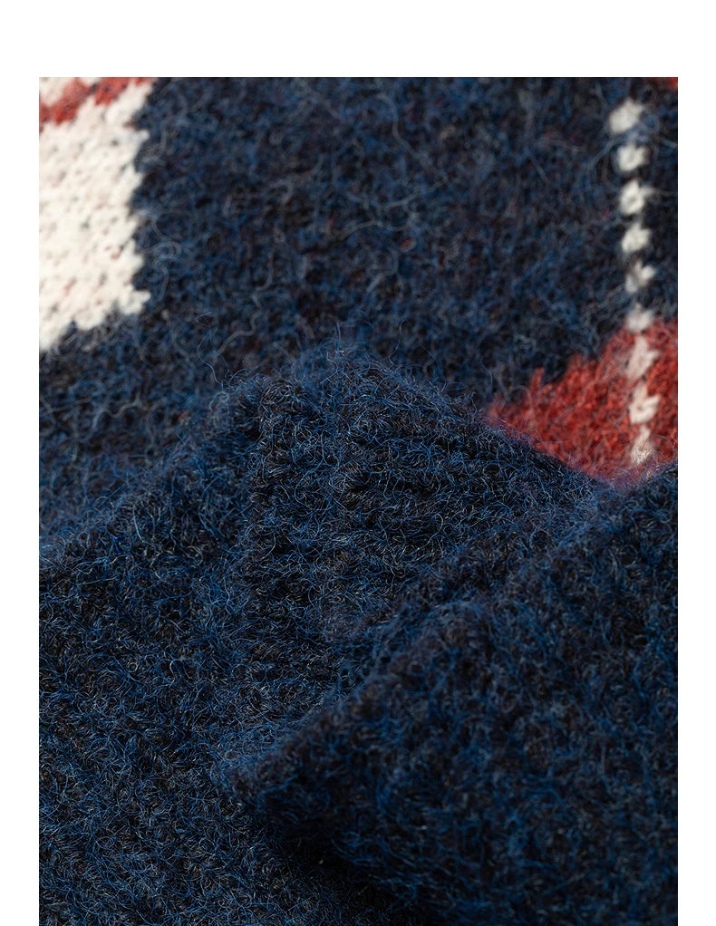 Damenpullover – Vintage-Nordischer Stil, Argyle-Jacquard-Muster, Seepferdchen-Kunstpelz, Rundhalsausschnitt