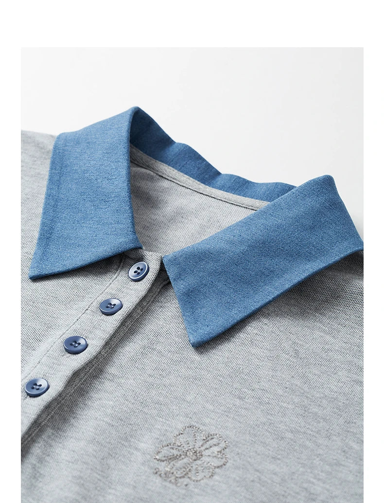 Women's mid-calf straight dress with floral embroidery and shirt collar