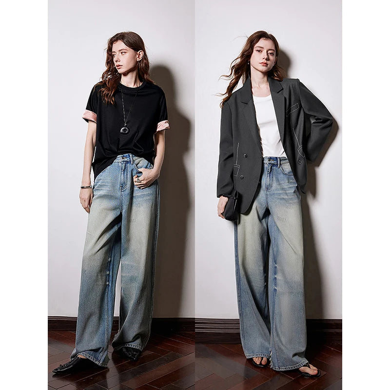 Jean femme taille mi‑haute coupe droite large longueur longue