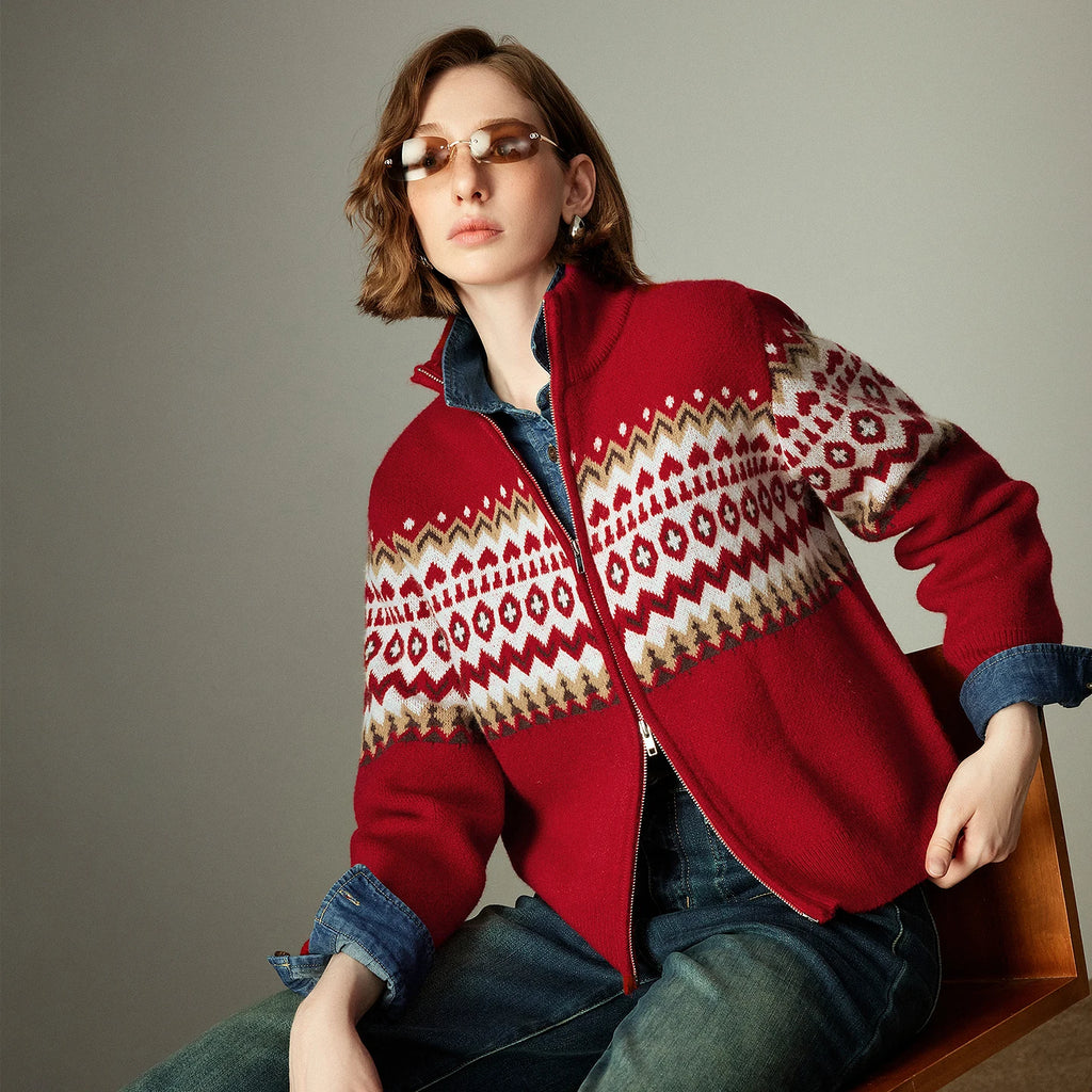 Damenpullover – Rollkragenpullover mit Reißverschluss, nordischer Vintage-Stil, dickes Fair-Isle-Jacquardmuster