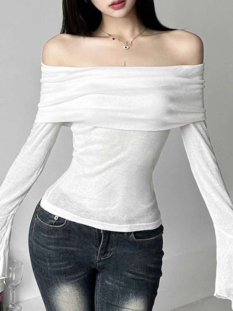 T-shirt Col Asymétrique, Manches Longues, Style Vintage Off-Shoulder