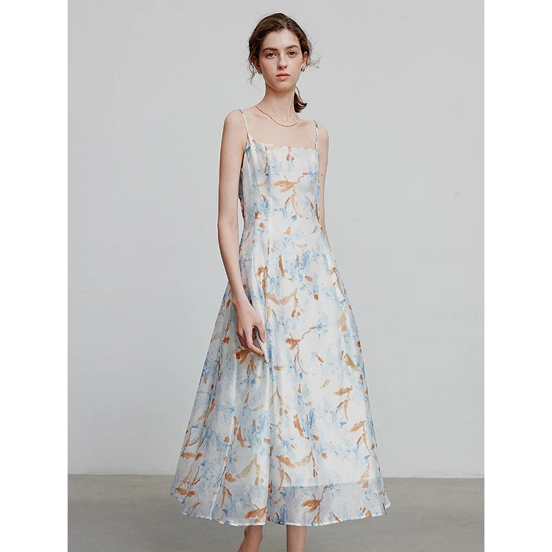 Women's Mid-Calf Summer A-Line Sleeveless Spaghetti Strap Printed Dress