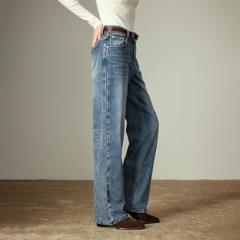 Damenjeans – Gerader Schnitt, gewaschener Vintage-Denim, Fleece-Futter und Lycra-Stretch