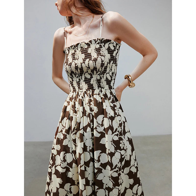 Robe femme mi-mollet été A-Line sans manches à bretelles spaghetti motif floral