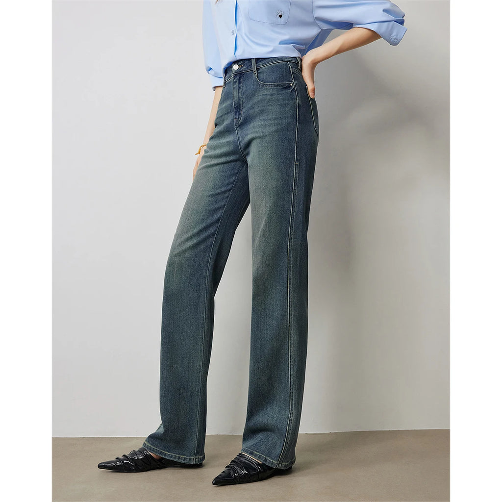 Jean femme taille haute coupe poire délavé longueur longue