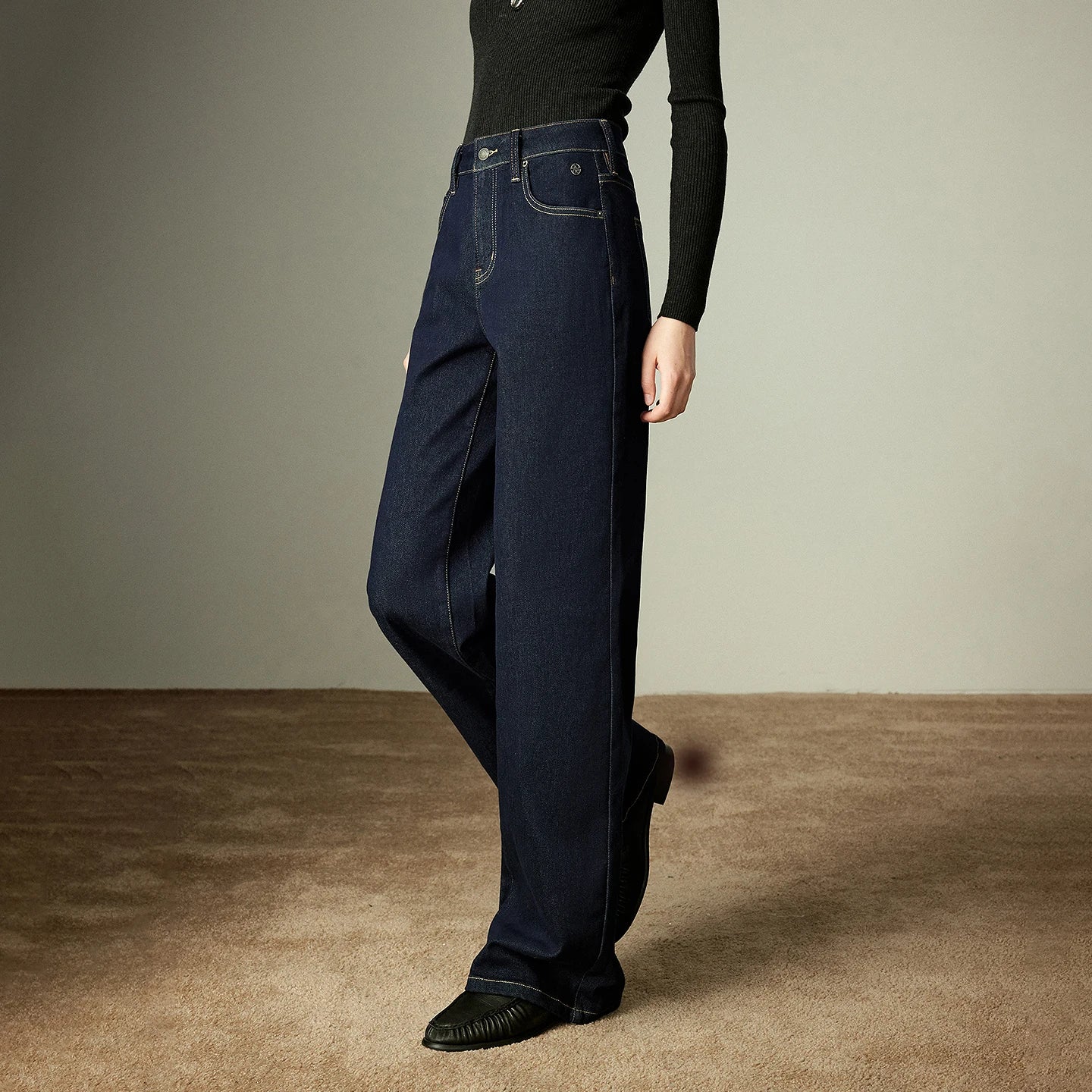 Jeans Large Femme Laine Mélangée, Taille Mi-Basse, Style Rétro