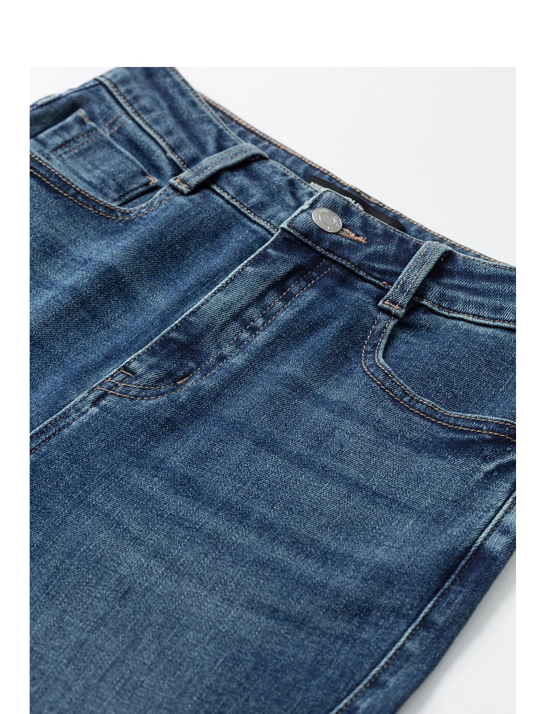 Jean femme taille haute coupe poire délavé longueur longue