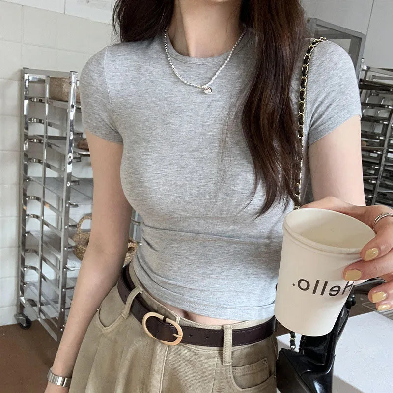 Crop Top Manches Courtes Unie Femme