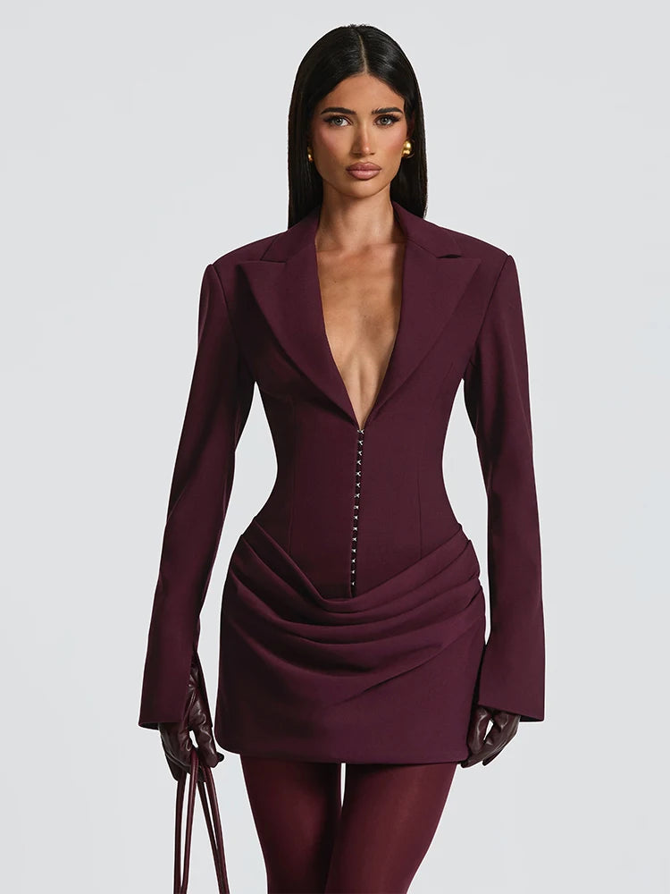 Robe Mini Bodycon Nibber – Élégante, Sexy, Col V, Manches Longues