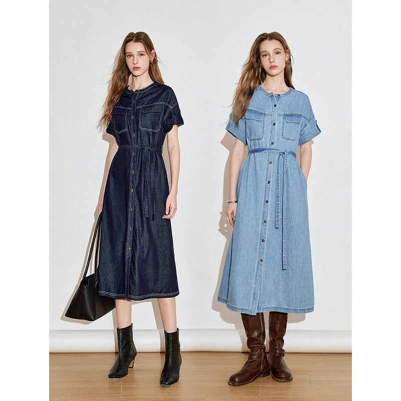 Robe femme mi‑mollet printemps/été denim manches courtes col rond à lacets