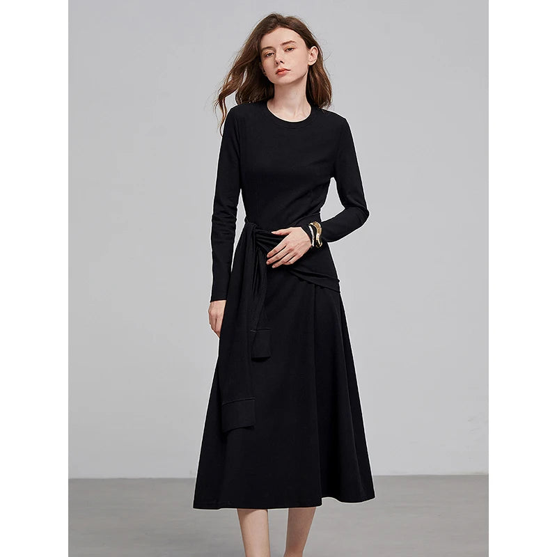 Robe femme mi‑mollet printemps/été coupe A à manches longues et ajourée