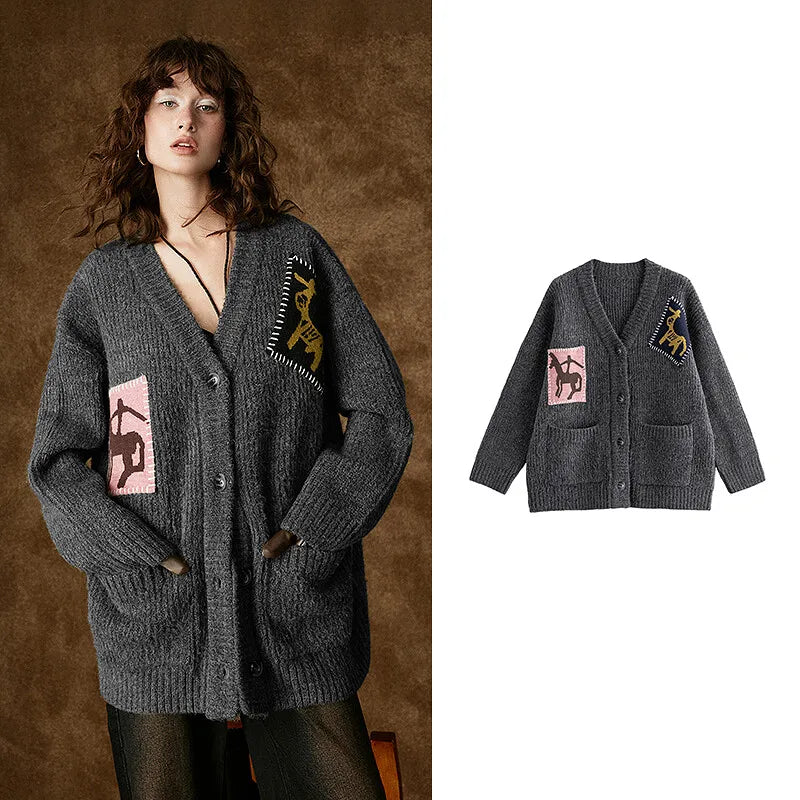 Cardigan Femme – Velours Fausse Vache, Motif Cheval, Coupe Loose Tricotée