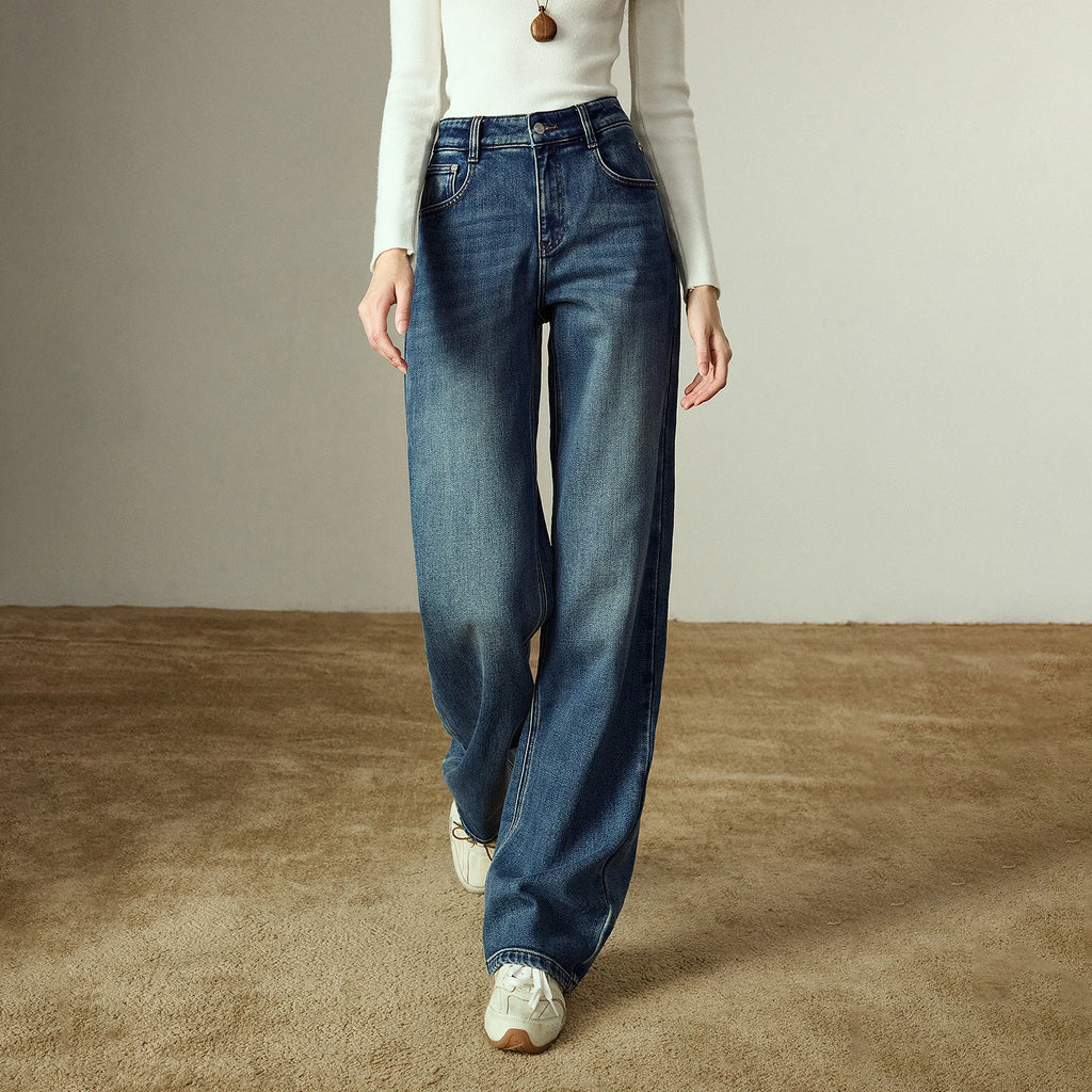 Pantalon Femme – Denim Droite, Taille Moyenne-Basse, Matière Lycra Brossée, Chaud et Confortable