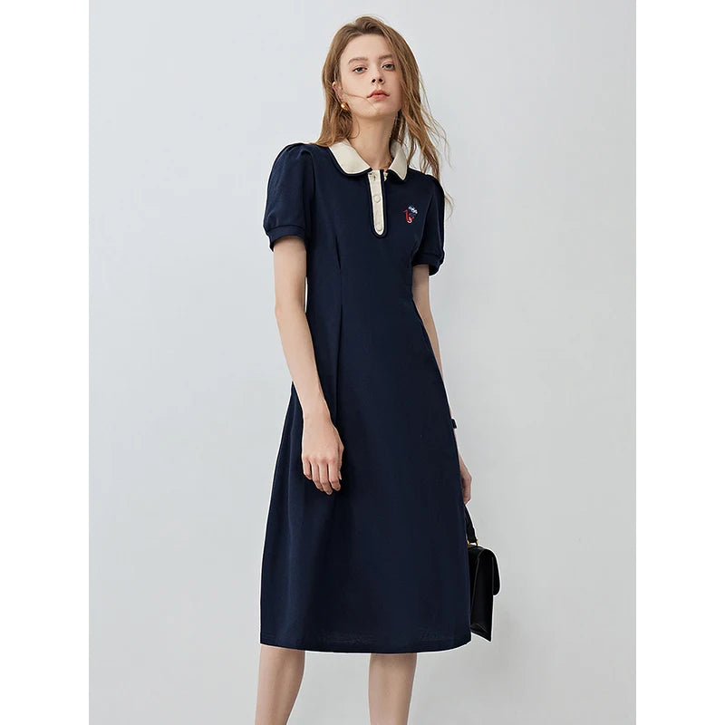 Robe femme mi-mollet été A-Line manches bouffantes col chemise brodée