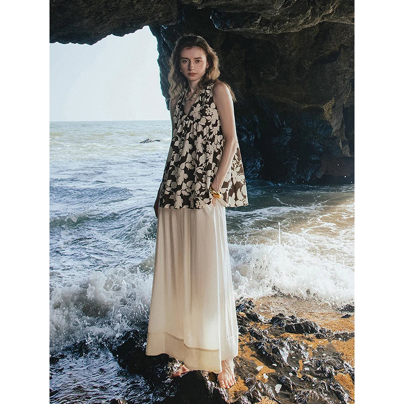 Chemise femme mi-longue sans manches col V patchwork