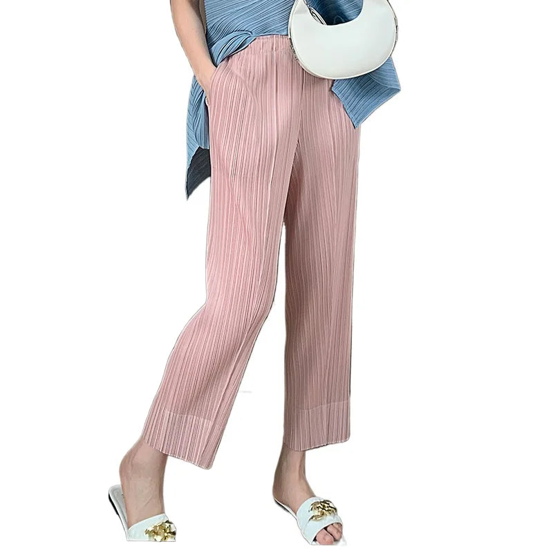 Miyake Pleated Straight Leg Pants, Women's Elastic Waist Cropped Pants, Casual and Versatile Small Leg Pants
