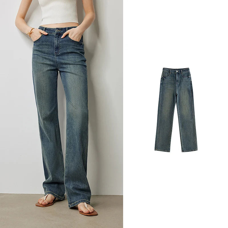 Jean femme taille haute coupe poire délavé longueur longue
