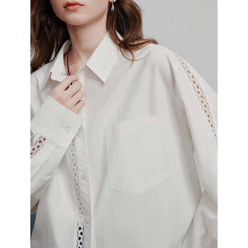 Women's blouse in openwork lace – shirt collar, long sleeves