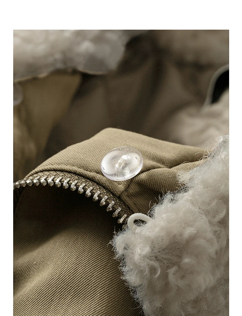 Women's Quilted Coat – Navy Blue Plush Collar, Retro Style