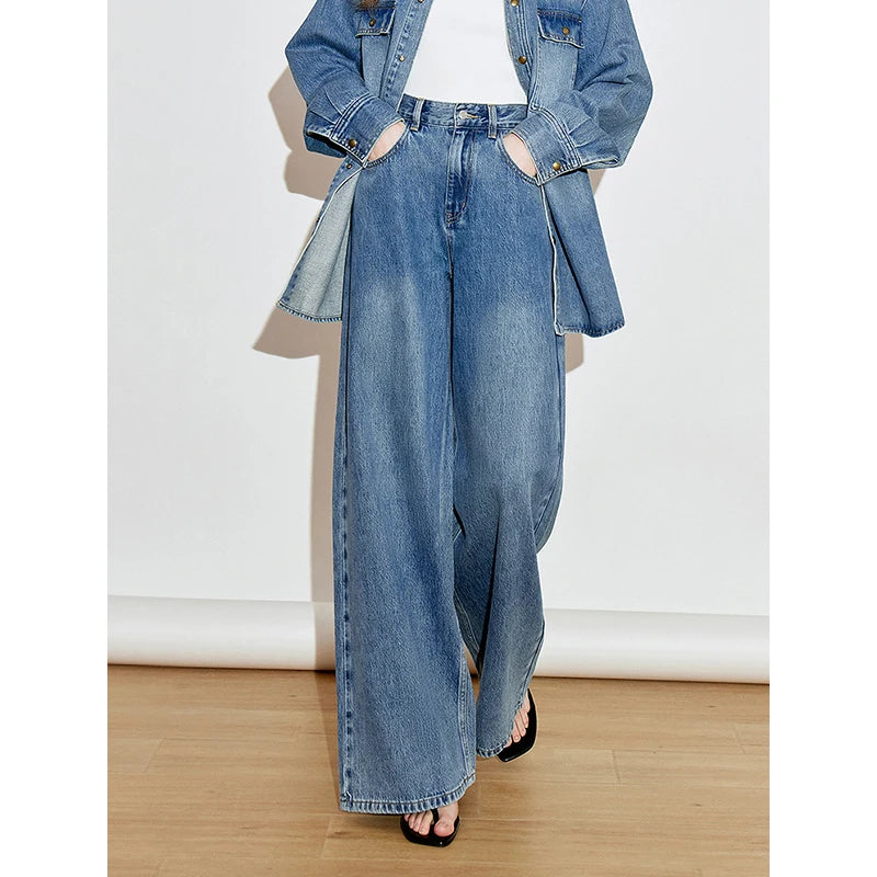 Jean femme coton pur coupe large style rétro longue